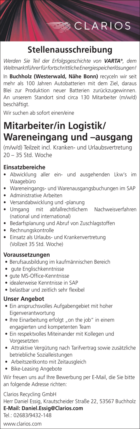 Mitarbeiter/in Logistik/Wareneingang und –ausgang (m/w/d)