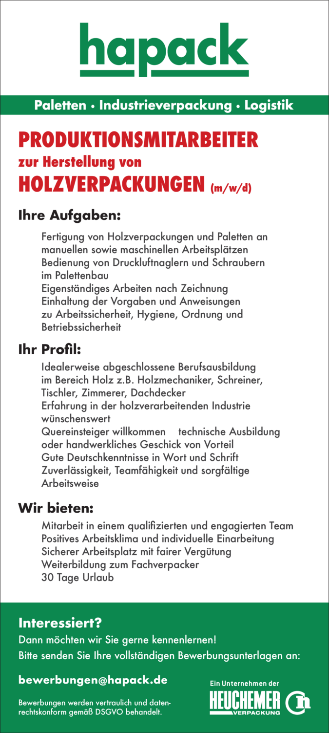 Produktionsmitarbeiter zur Herstellung von Holzverpackungen (m/w/d)