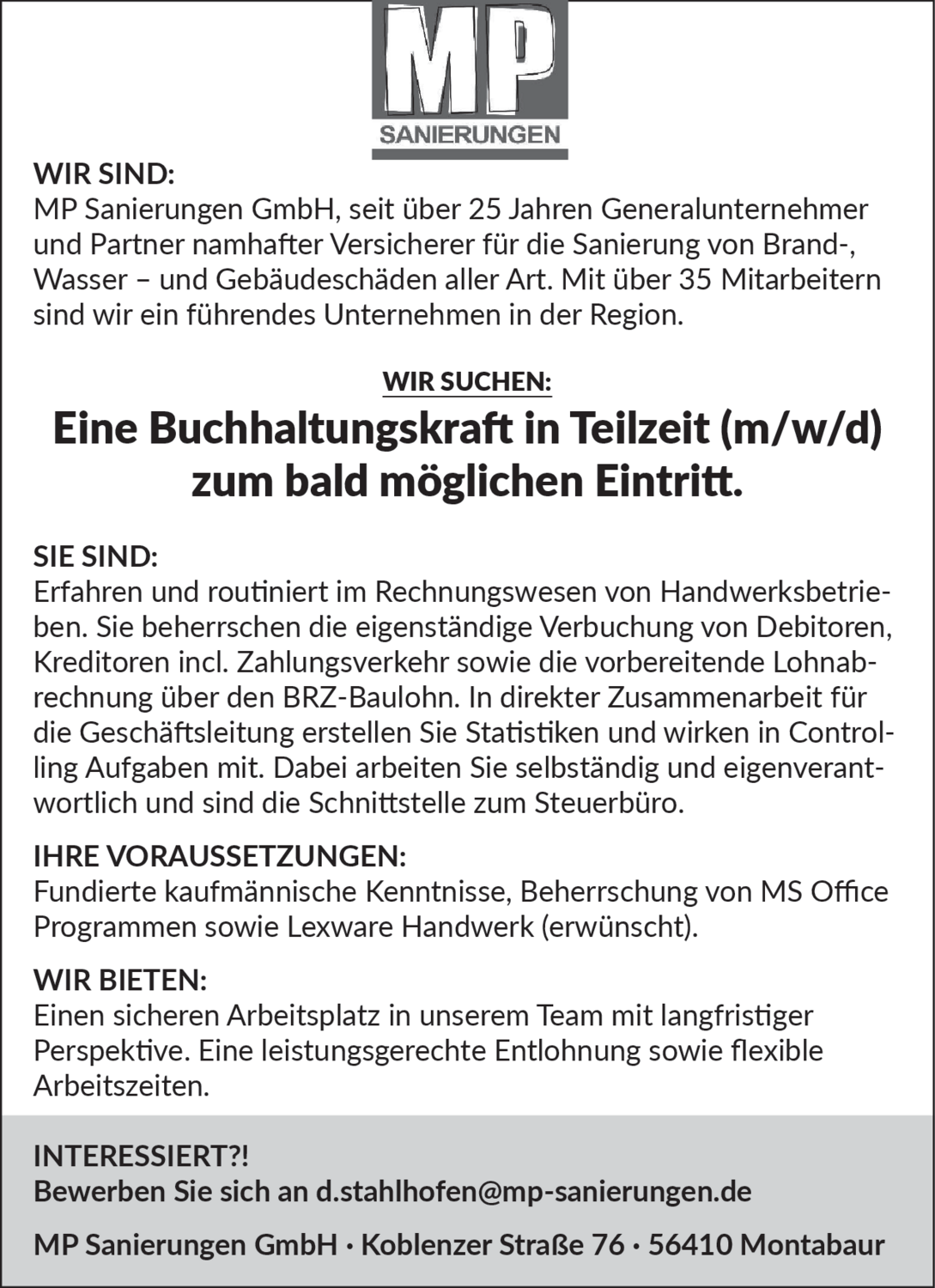 Buchhaltungskraft in Teilzeit (m/w/d)