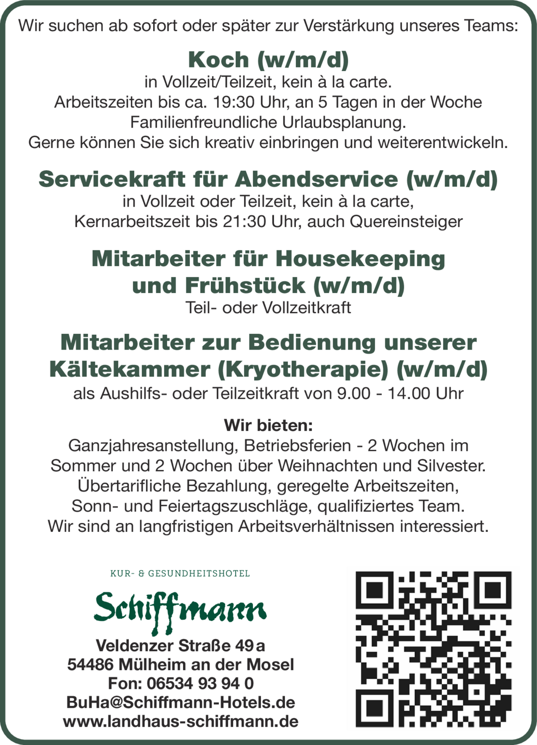 Mitarbeiter zur Bedienung unserer Kältekammer (Kryotherapie) (w/m/d)