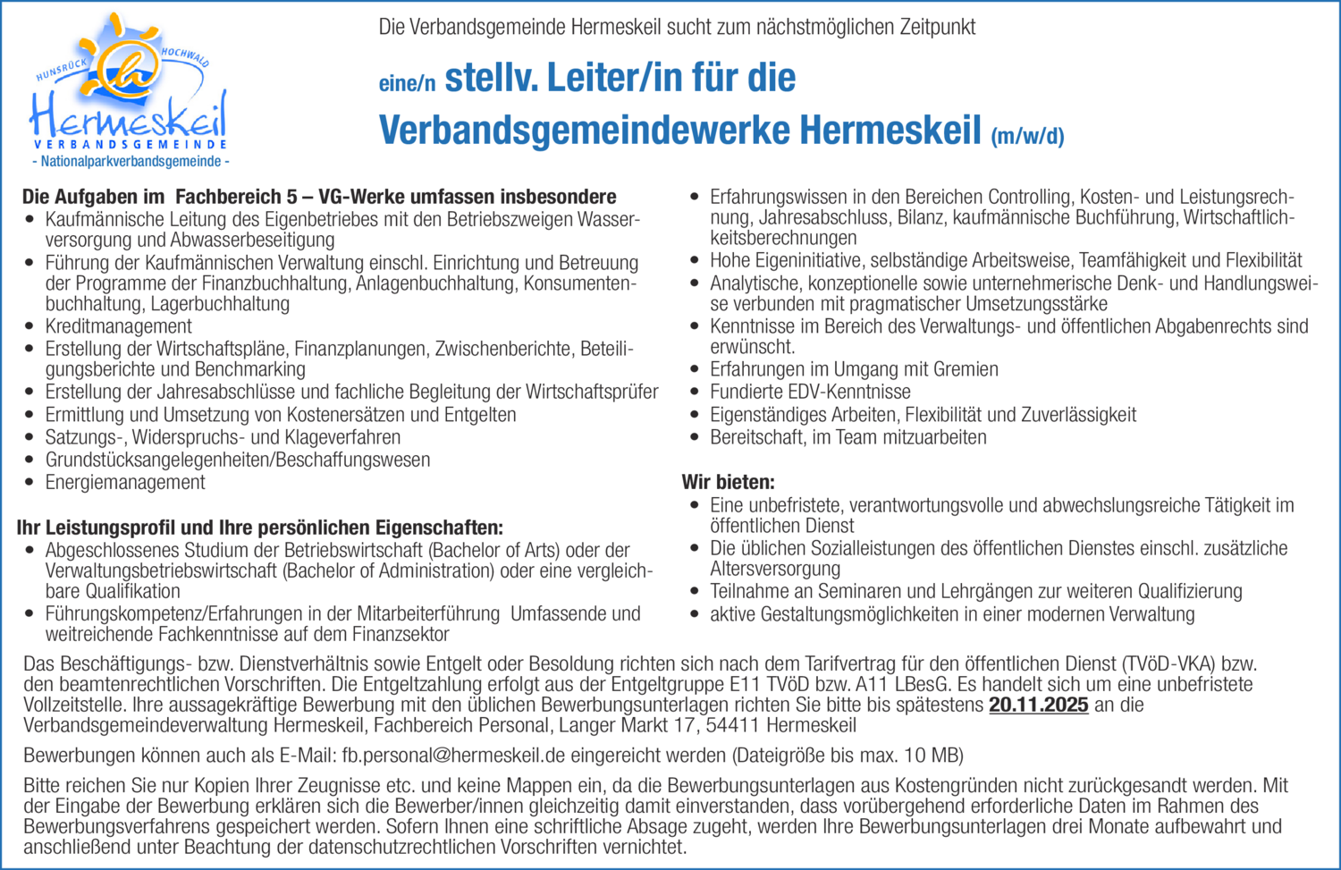 Stellvertretender Leiter für die Verbandsgemeindewerke Hermeskeil (m/w/d)