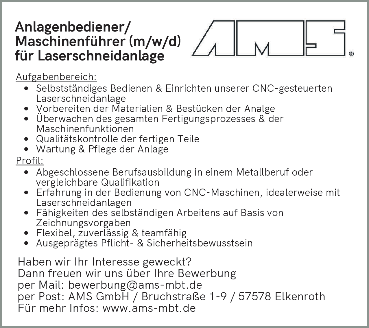 Anlagenbediener/Maschinenführer (m/w/d) für Laserschneidanlage