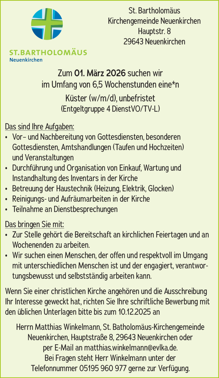 Küster (m/w/d), unbefristet