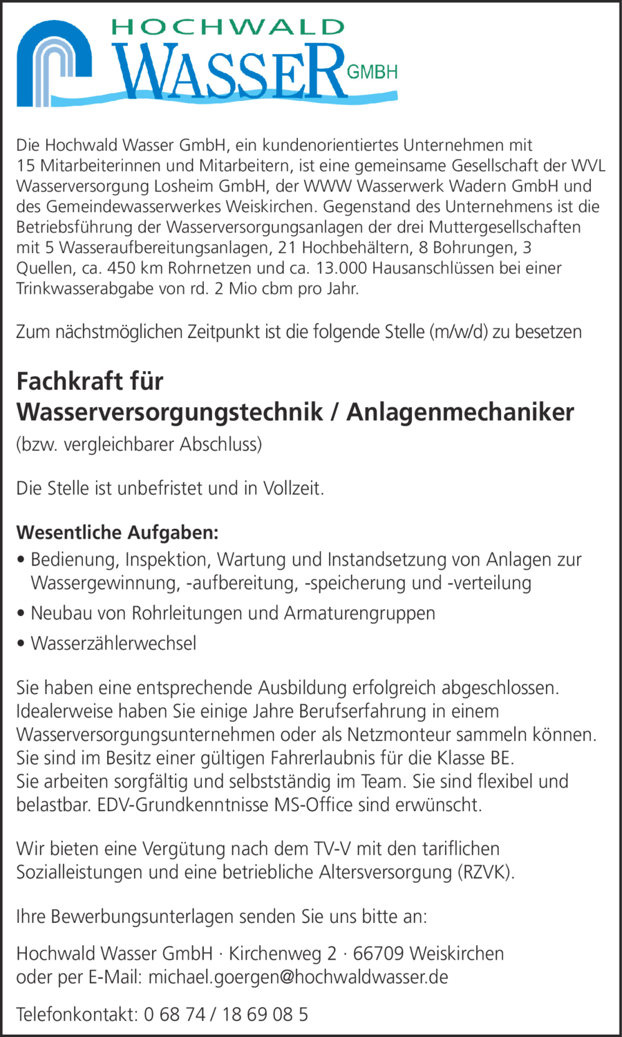 Fachkraft für Wasserversorgungstechnik (m/w/d)