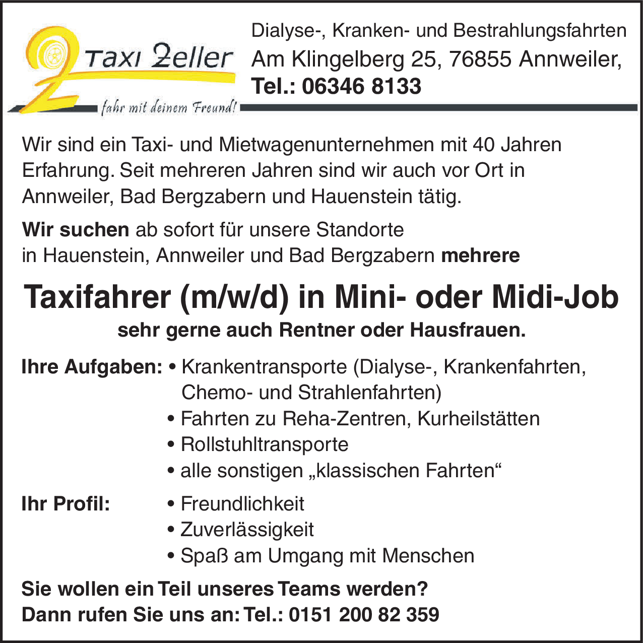 Taxifahrer (m/w/d) in Mini- oder Midi-Job
