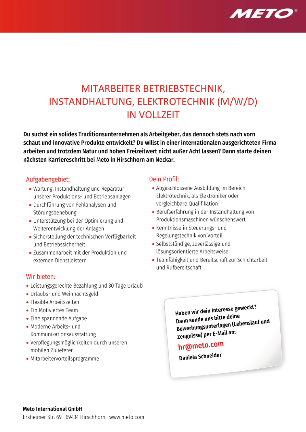 Mitarbeiter Betriebstechnik, Instandhaltung, Elektrotechnik (m/w/d)