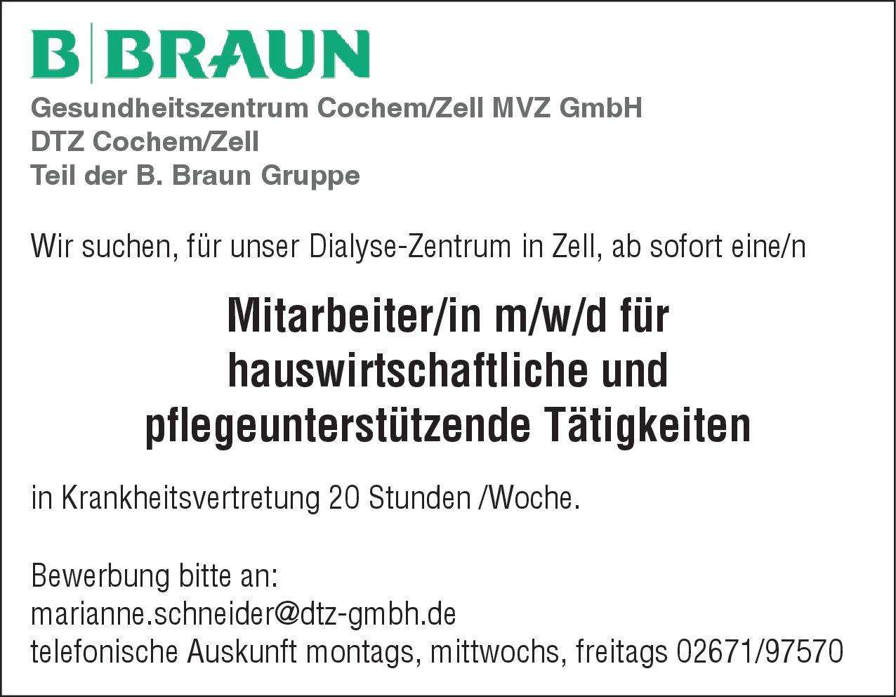 Mitarbeiter/in (m/w/d) für hauswirtschaftliche und pflegeunterstützende Tätigkeiten