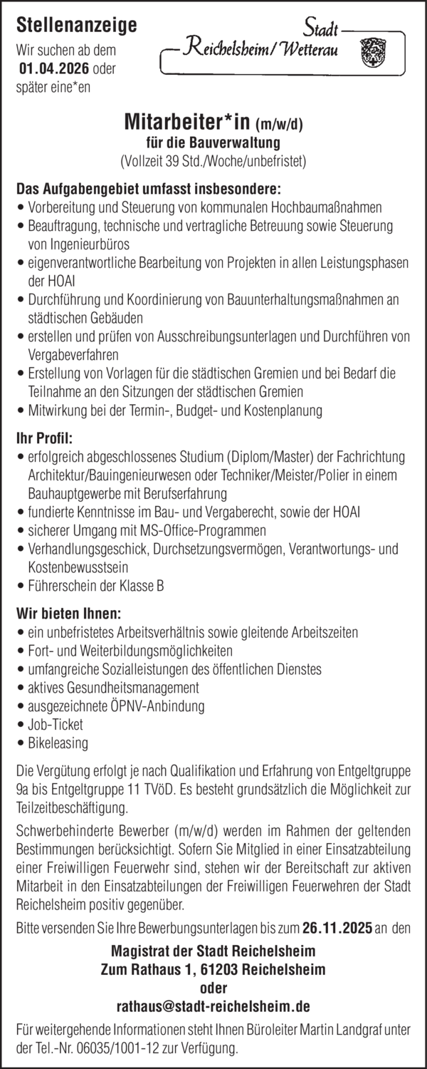Mitarbeiter*in (m/w/d) für die Bauverwaltung