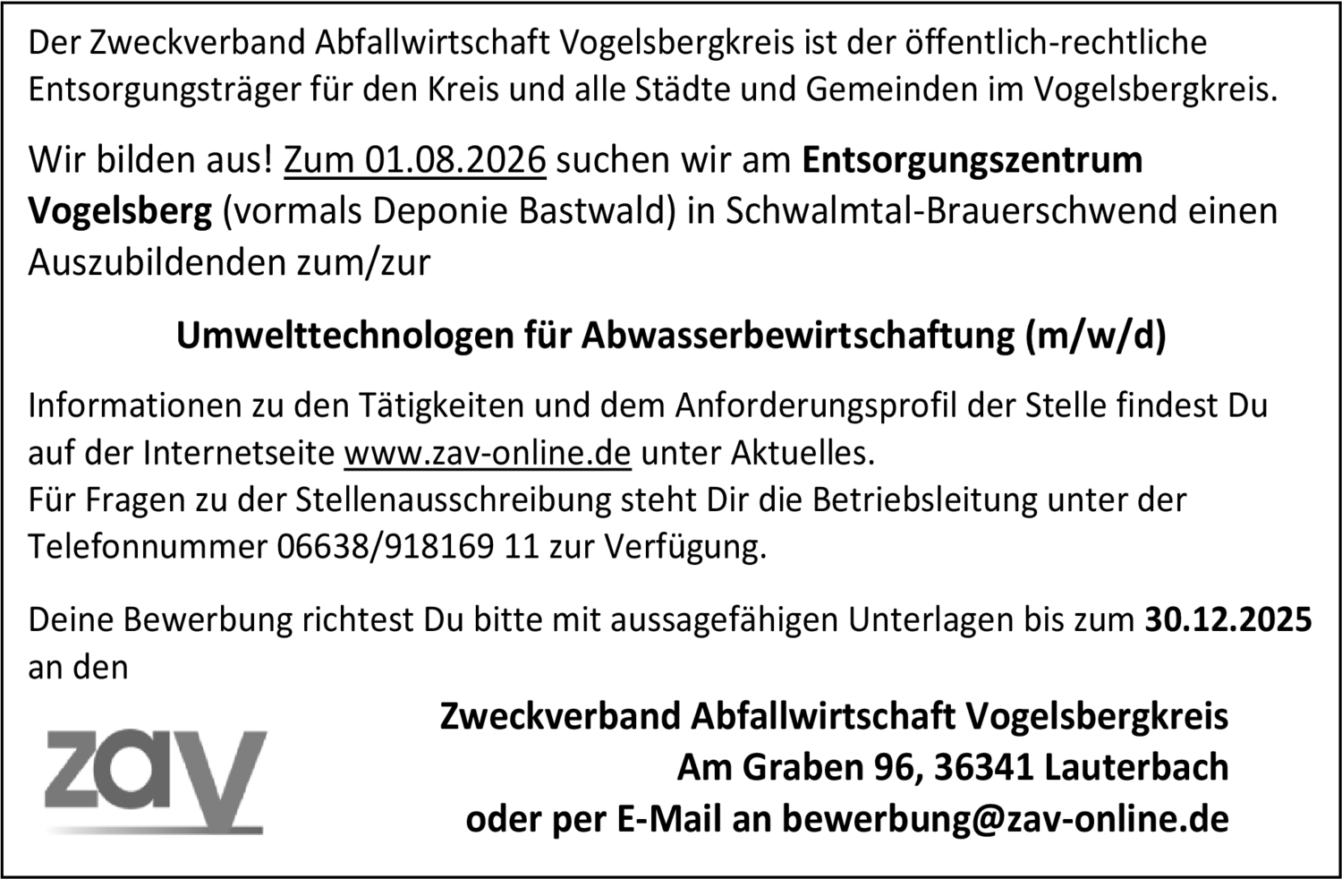 Umwelttechnologen für Abwasserbewirtschaftung (m/w/d)