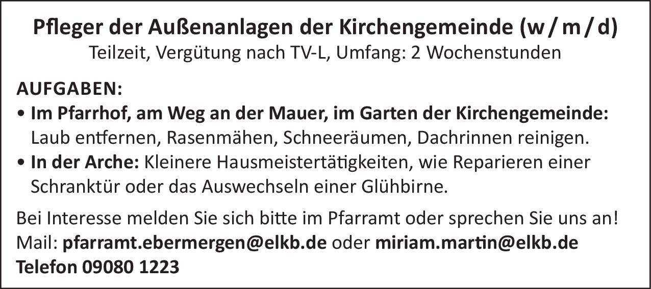 Pfleger der Außenanlagen der Kirchengemeinde (w/m/d)