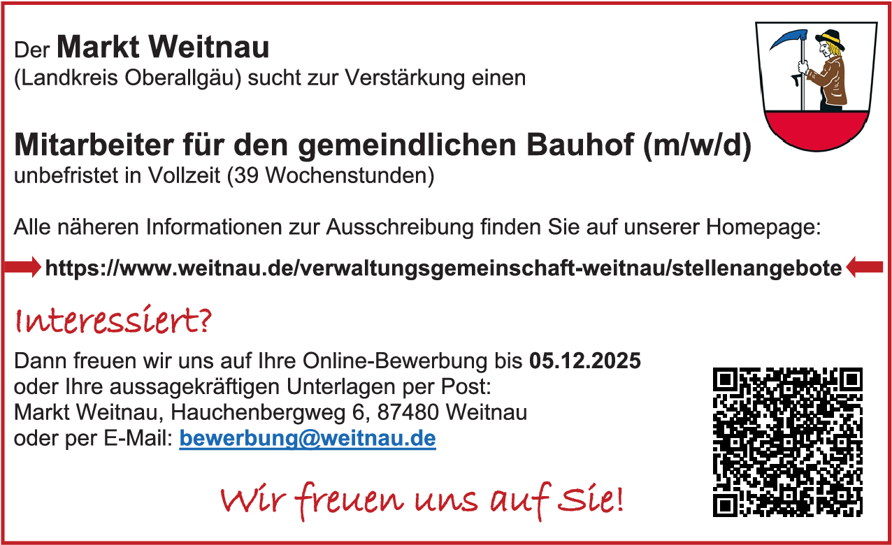 Mitarbeiter für den gemeindlichen Bauhof (m/w/d)