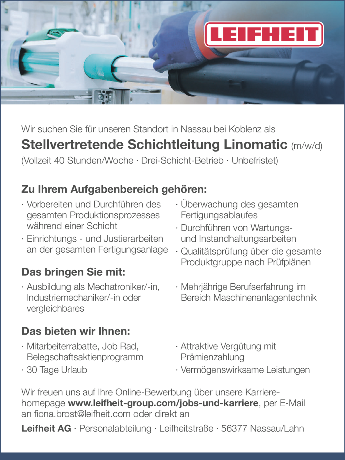 Stellvertretende Schichtleitung Linomatic (m/w/d)