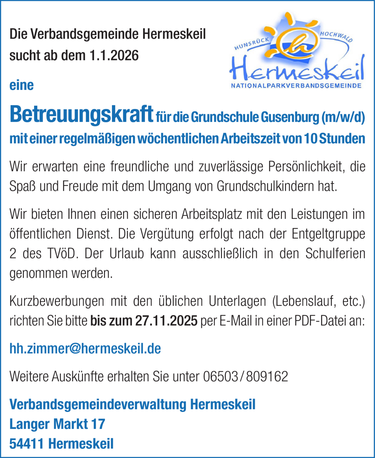 Betreuungskraft für die Grundschule Gusenburg (m/w/d)