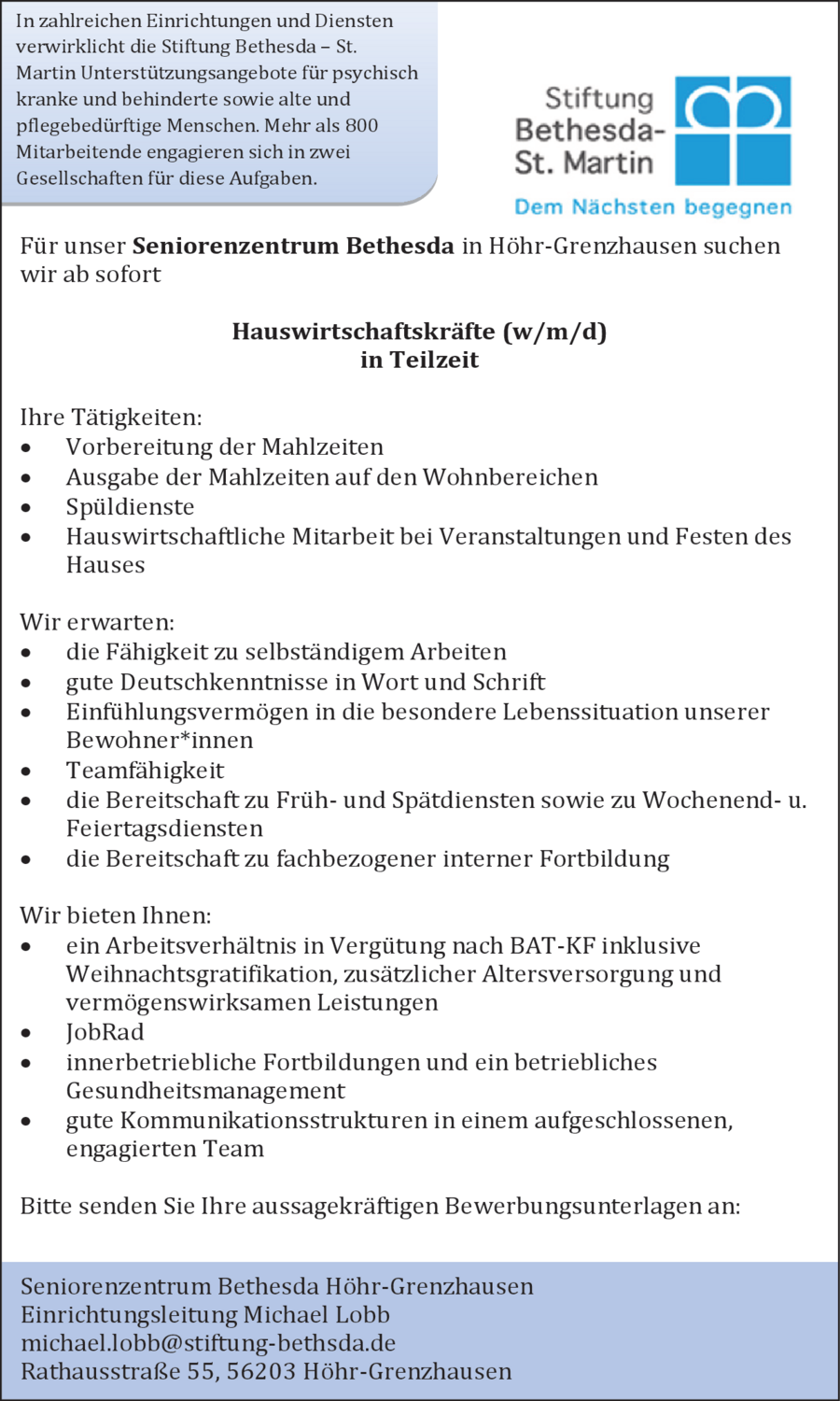 Hauswirtschaftskraft (w/m/d) in Teilzeit