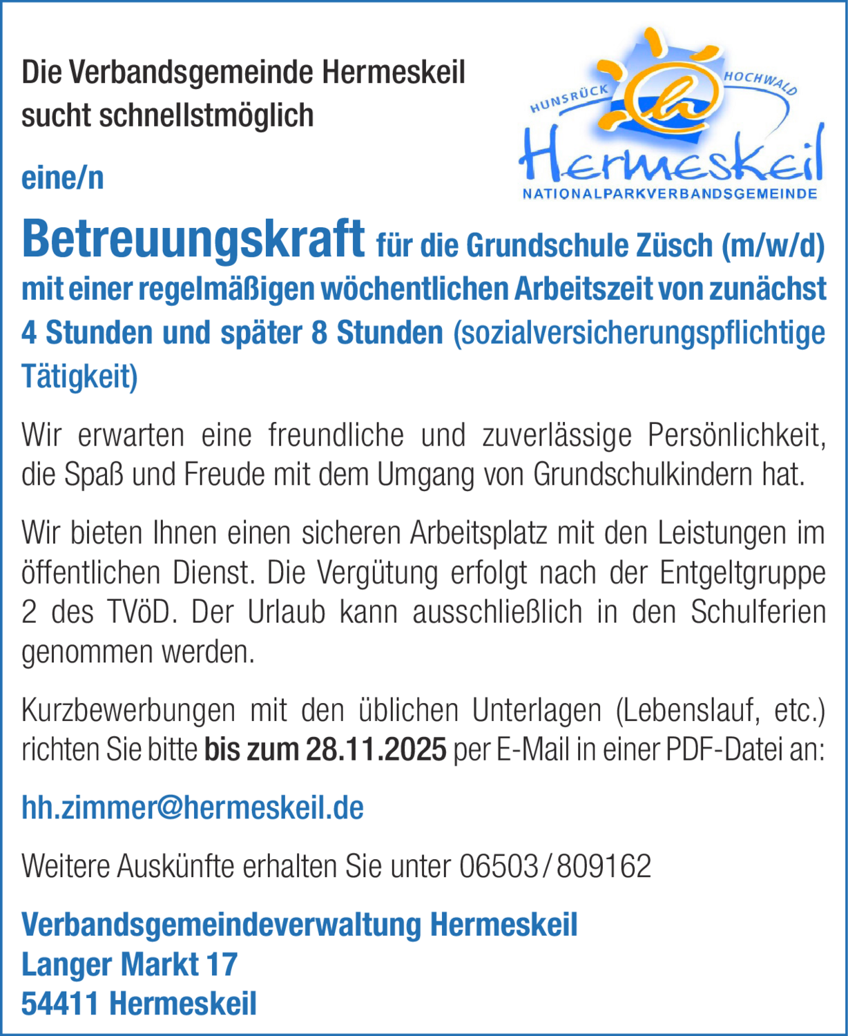 Betreuungskraft für die Grundschule Züsch (m/w/d)