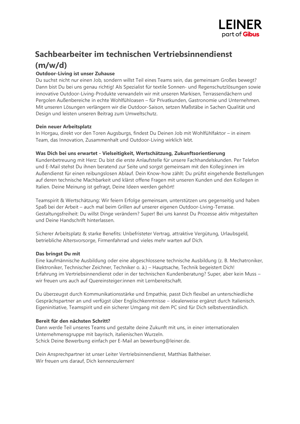 Sachbearbeiter im technischen Vertriebsinnendienst (m/w/d)