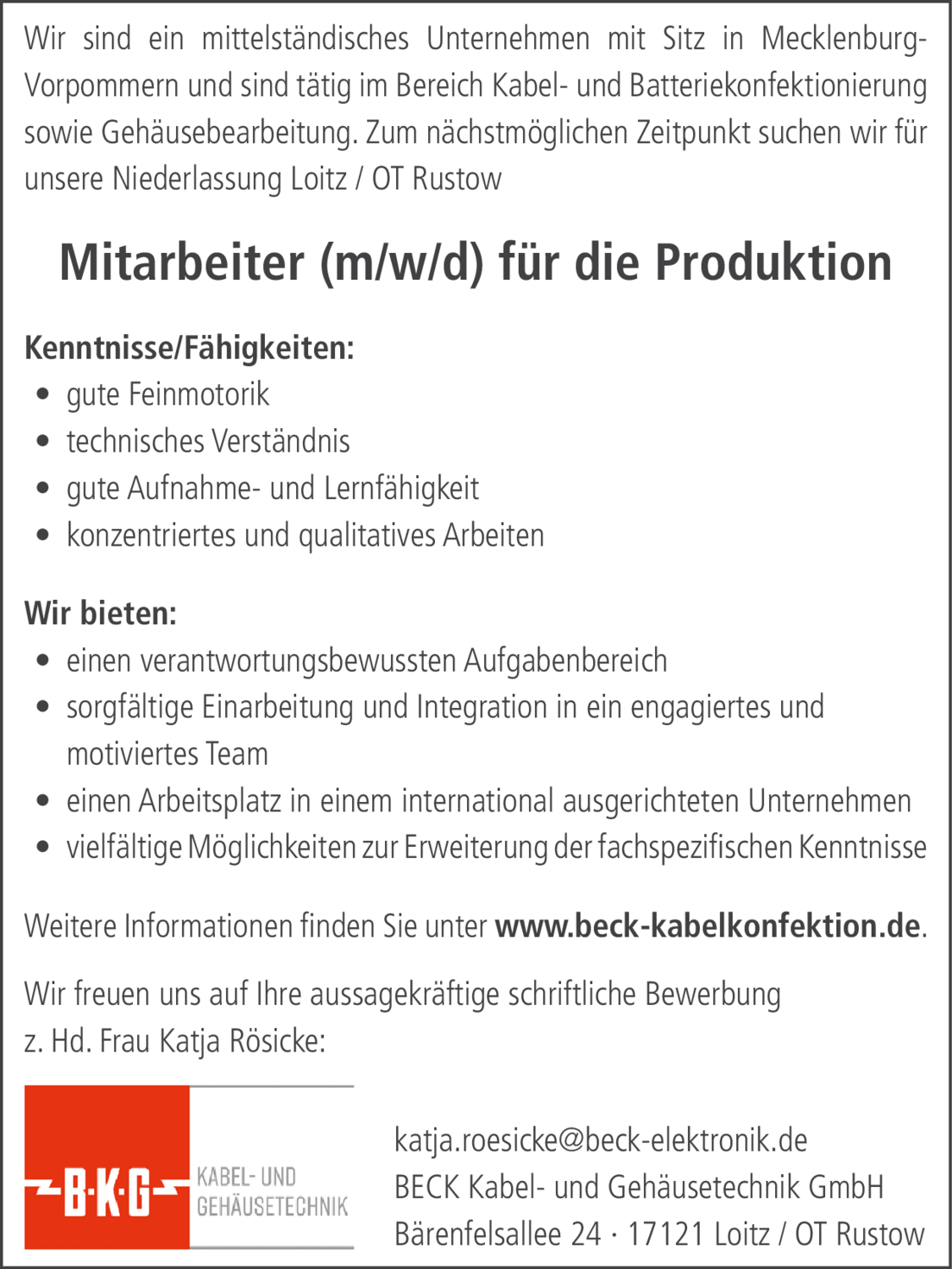 Mitarbeiter (m/w/d) für die Produktion