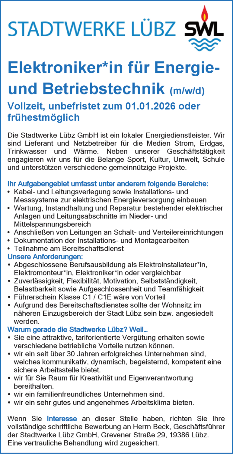 Elektroniker/in für Energie- und Betriebstechnik (m/w/d)