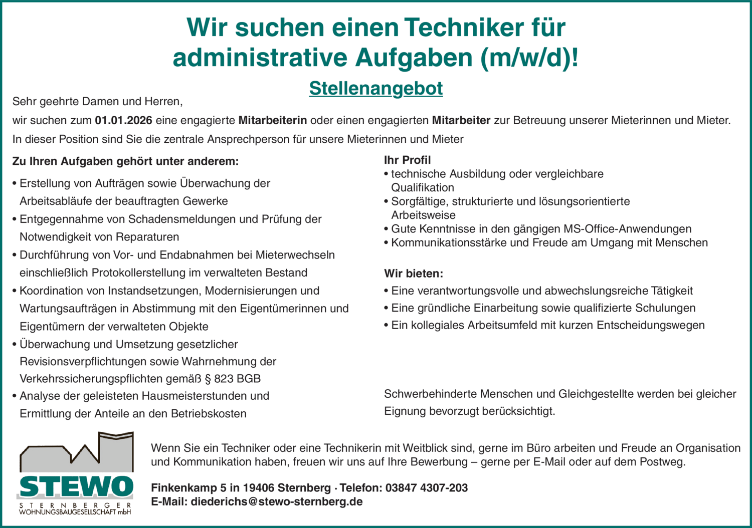 Techniker für administrative Aufgaben (m/w/d)