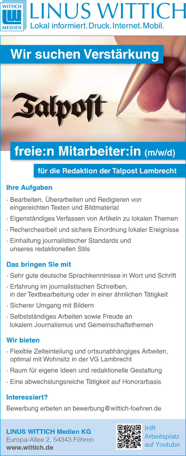 Freie/r Mitarbeiter/in (m/w/d) für die Redaktion der Talpost Lambrecht