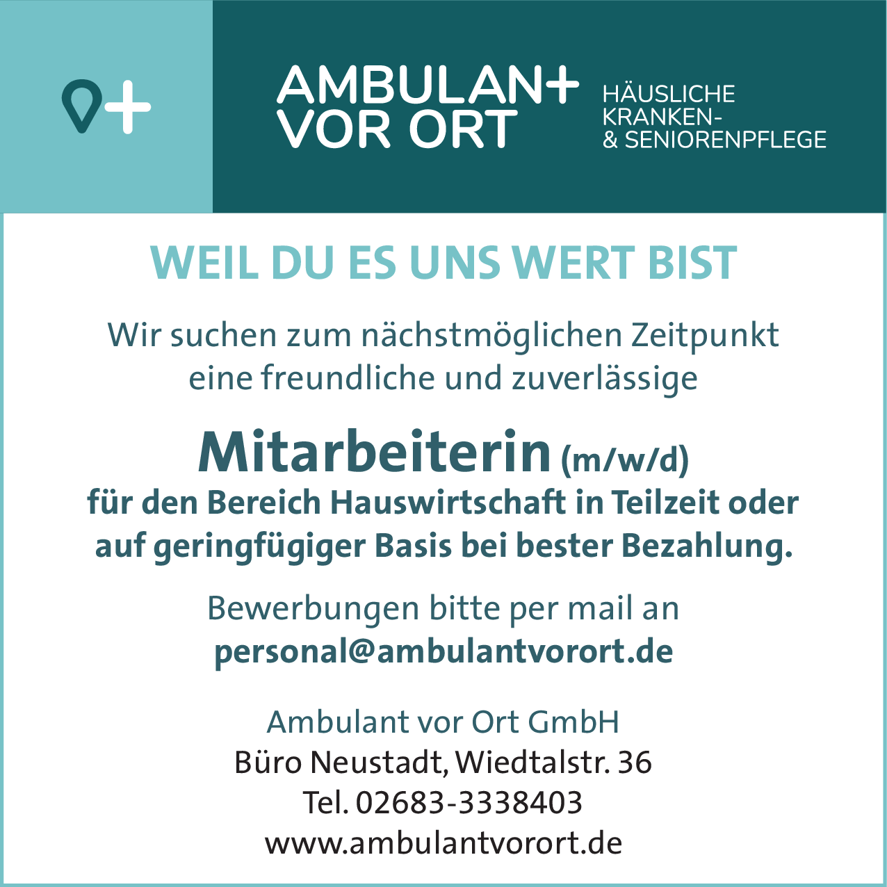 Mitarbeiterin (m/w/d) Hauswirtschaft